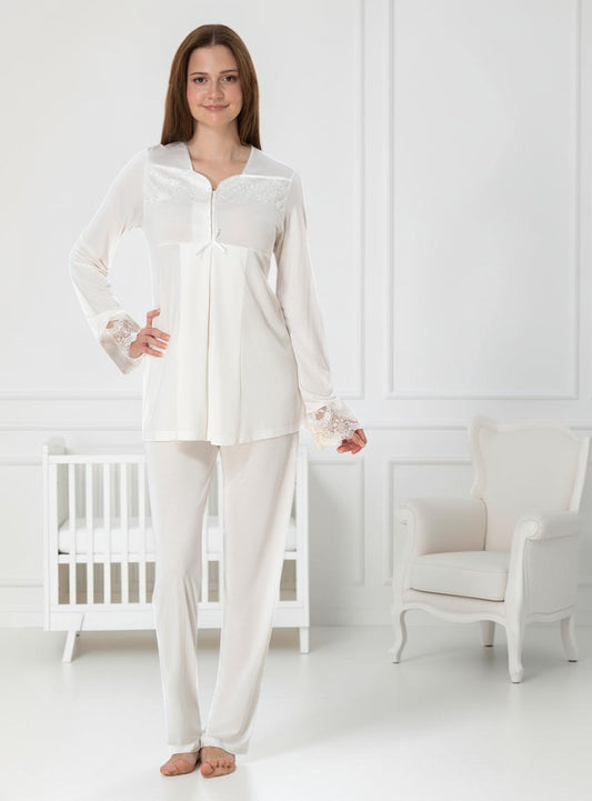 White maternity pyjamas by Mini Plum – long-sleeve nursing nightwear with square neck, breastfeeding-friendly, hospital bag ready