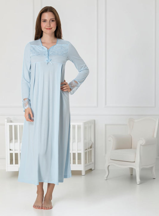 Blue maternity nightdress by Mini Plum – long-sleeve nursing nightwear with square neck, breastfeeding-friendly, hospital bag ready