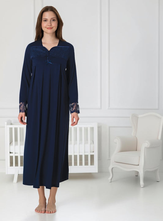 Navy maternity nightdress by Mini Plum – long-sleeve nursing nightwear with square neck, breastfeeding-friendly, hospital bag ready