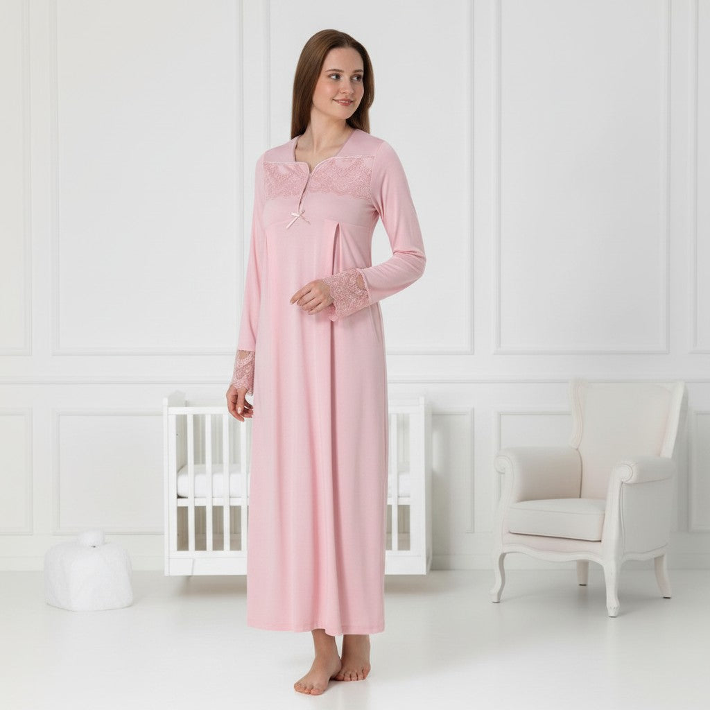 Pink maternity nightdress by Mini Plum – long-sleeve nursing nightwear with square neck, breastfeeding-friendly, hospital bag ready