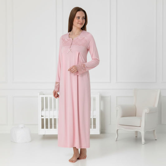 Pink maternity nightdress by Mini Plum – long-sleeve nursing nightwear with square neck, breastfeeding-friendly, hospital bag ready