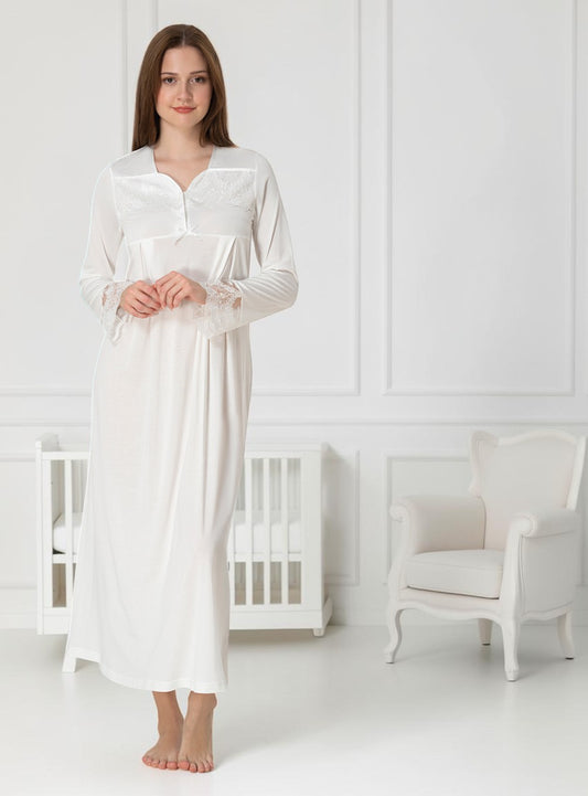 White maternity nightdress by Mini Plum – long-sleeve nursing nightwear with square neck, breastfeeding-friendly, hospital bag ready