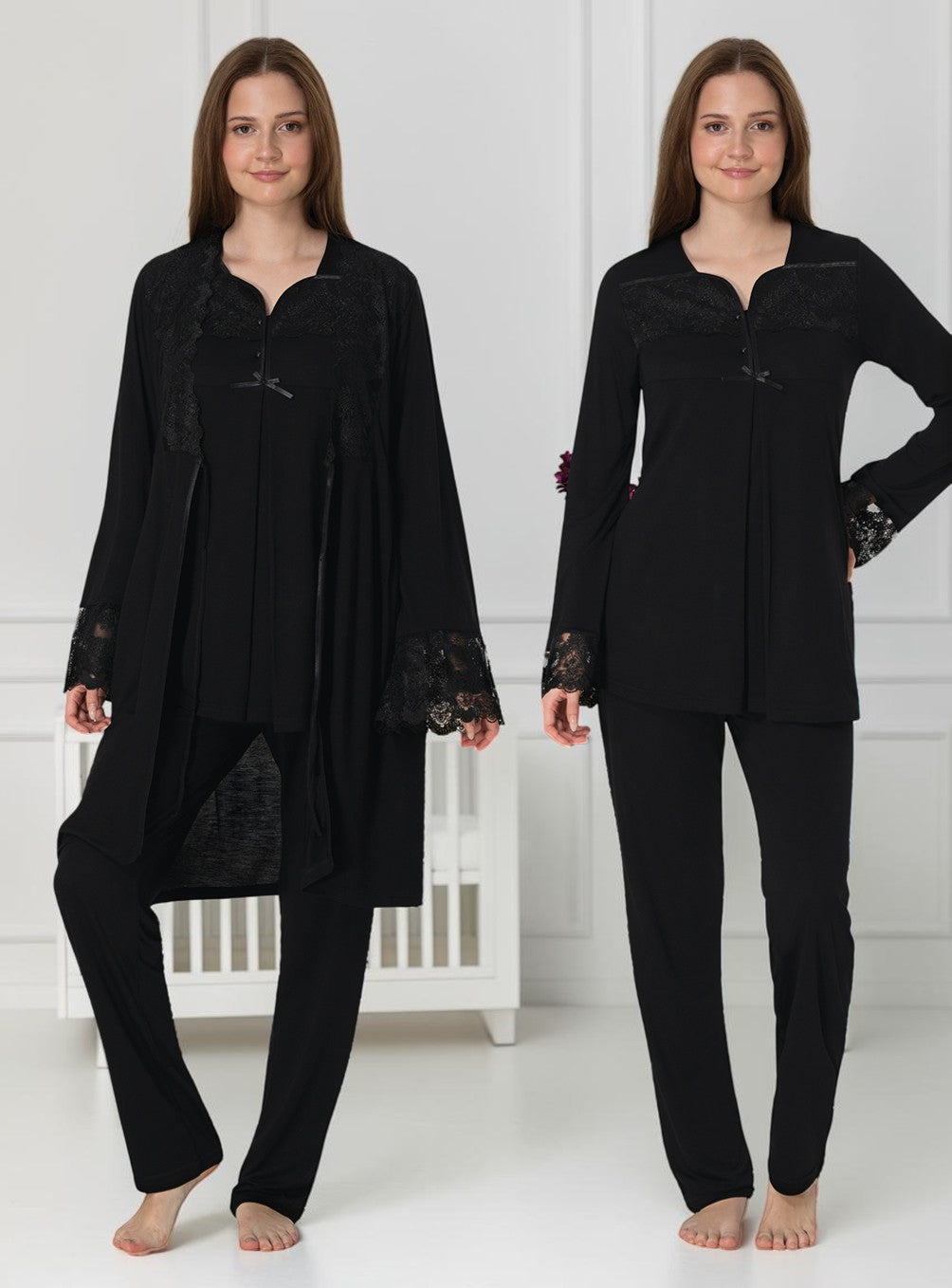 Black pyjama & robe set by Mini Plum – long-sleeve nursing nightwear with square neck, breastfeeding-friendly, hospital bag ready