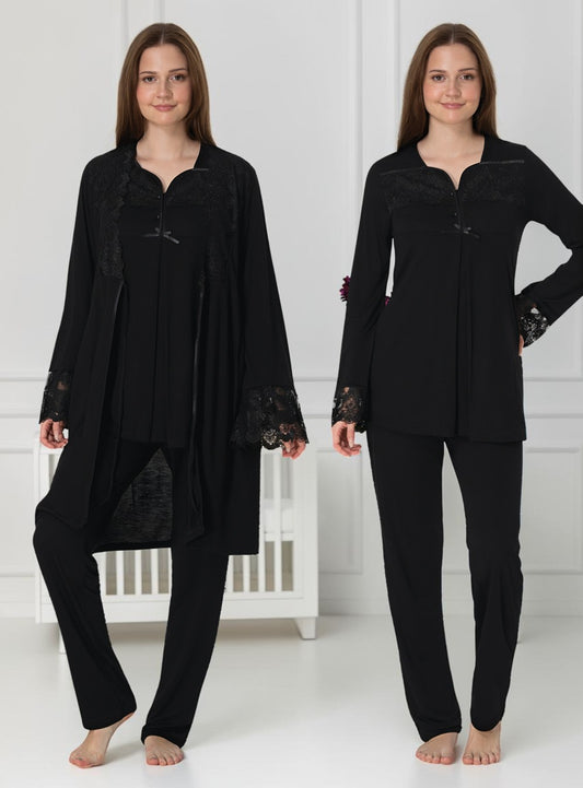 Black pyjama & robe set by Mini Plum – long-sleeve nursing nightwear with square neck, breastfeeding-friendly, hospital bag ready