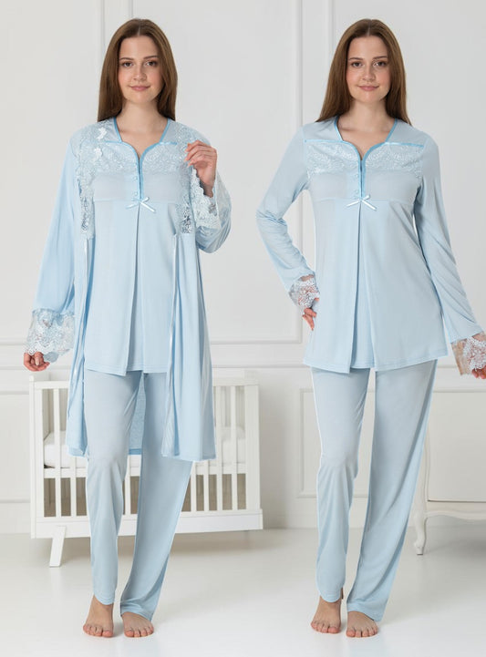 Blue pyjama & robe set by Mini Plum – long-sleeve nursing nightwear with square neck, breastfeeding-friendly, hospital bag ready