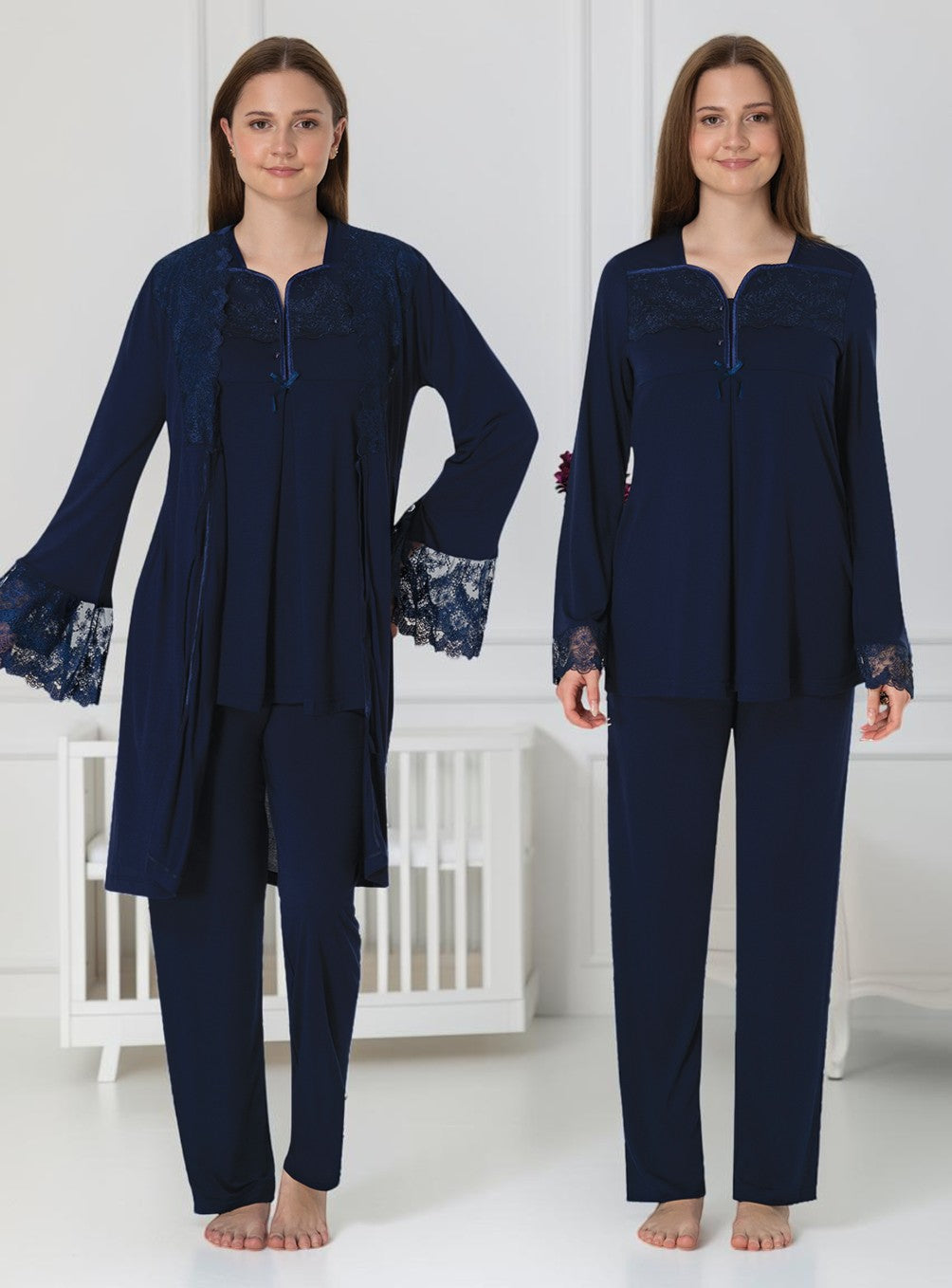 Navy pyjama & robe set by Mini Plum – long-sleeve nursing nightwear with square neck, breastfeeding-friendly, hospital bag ready