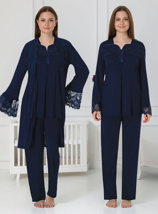 Navy pyjama & robe set by Mini Plum – long-sleeve nursing nightwear with square neck, breastfeeding-friendly, hospital bag ready