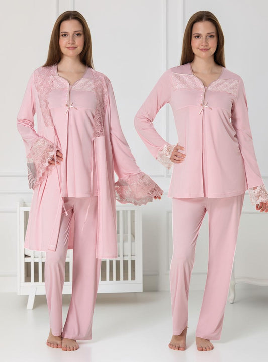 Pink pyjama & robe set by Mini Plum – long-sleeve nursing nightwear with square neck, breastfeeding-friendly, hospital bag ready