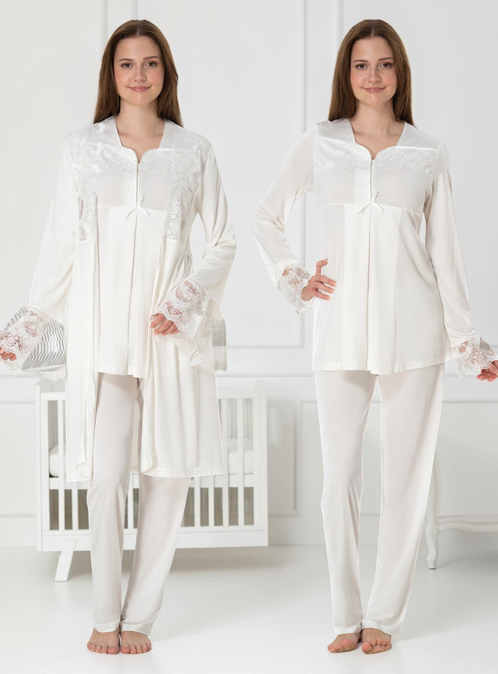 White pyjama & robe set by Mini Plum – long-sleeve nursing nightwear with square neck, breastfeeding-friendly, hospital bag ready