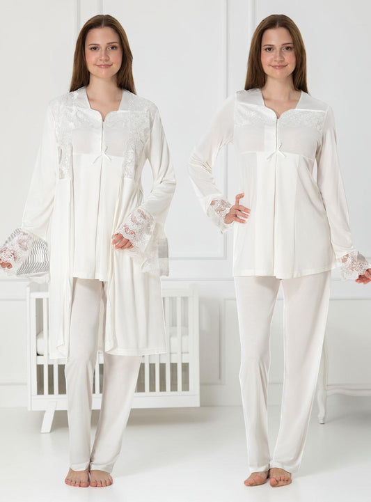 White pyjama & robe set by Mini Plum – long-sleeve nursing nightwear with square neck, breastfeeding-friendly, hospital bag ready