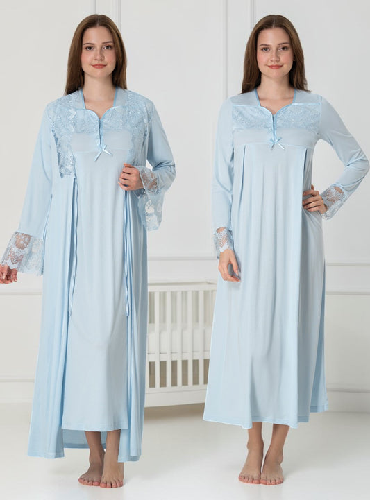 Blue nightie & robe set by Mini Plum – long-sleeve nursing nightwear with square neck, breastfeeding-friendly, hospital bag ready