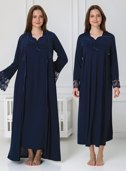 Navy nightie & robe set by Mini Plum – long-sleeve nursing nightwear with square neck, breastfeeding-friendly, hospital bag ready