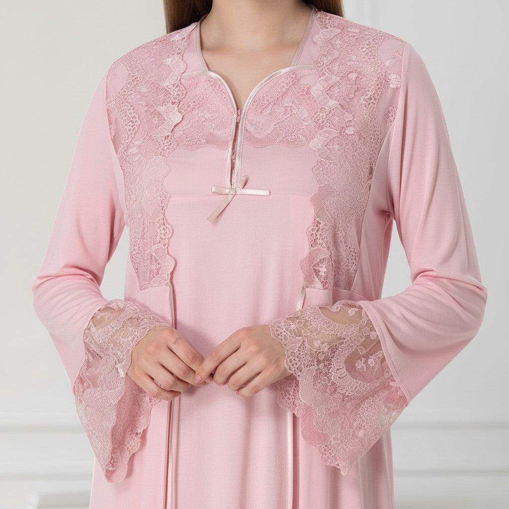 Pink nightie & robe set by Mini Plum – long-sleeve nursing nightwear with square neck, breastfeeding-friendly, hospital bag ready