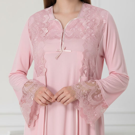 Pink nightie & robe set by Mini Plum – long-sleeve nursing nightwear with square neck, breastfeeding-friendly, hospital bag ready