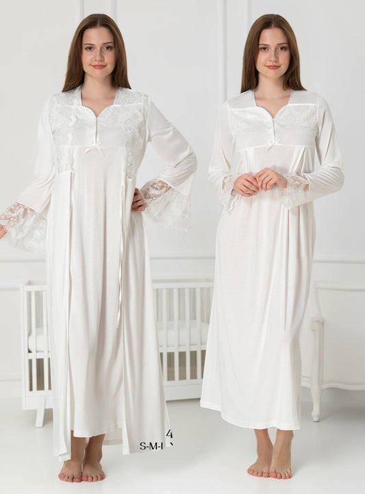 White nightie & robe set by Mini Plum – long-sleeve nursing nightwear with square neck, breastfeeding-friendly, hospital bag ready