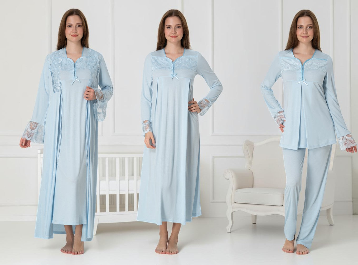 Blue 4-piece maternity set by Mini Plum – long-sleeve nursing nightwear with square neck, breastfeeding-friendly, hospital bag ready