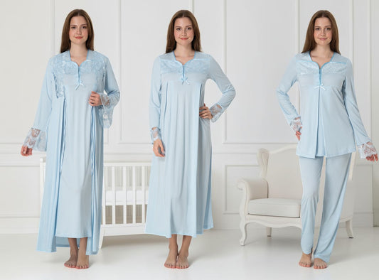 Blue 4-piece maternity set by Mini Plum – long-sleeve nursing nightwear with square neck, breastfeeding-friendly, hospital bag ready