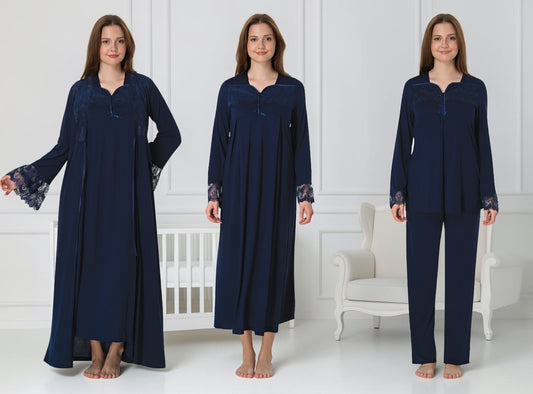 Navy 4-piece maternity set by Mini Plum – long-sleeve nursing nightwear with square neck, breastfeeding-friendly, hospital bag ready