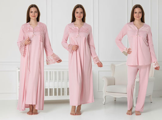 Pink 4-piece maternity set by Mini Plum – long-sleeve nursing nightwear with square neck, breastfeeding-friendly, hospital bag ready