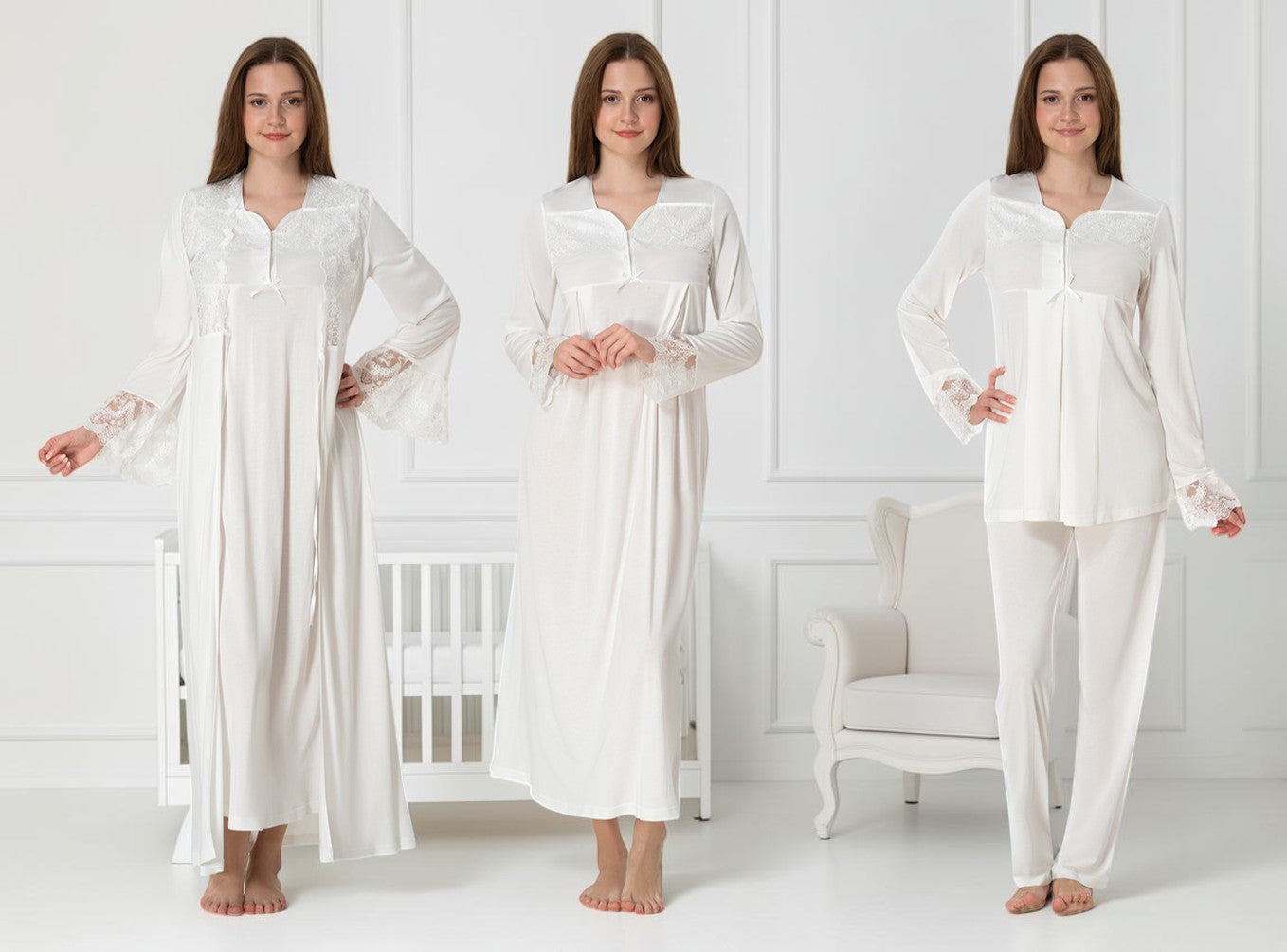 White 4-piece maternity set by Mini Plum – long-sleeve nursing nightwear with square neck, breastfeeding-friendly, hospital bag ready