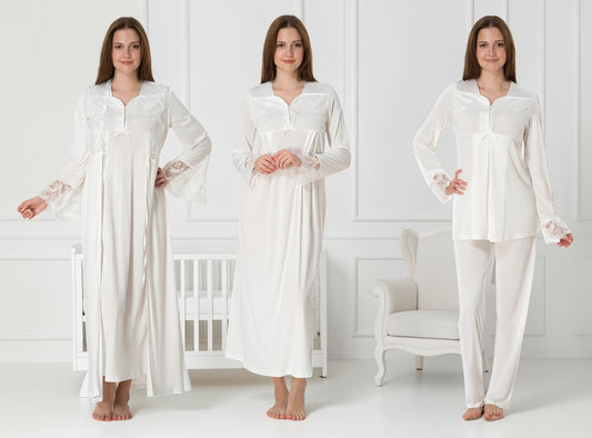 White 4-piece maternity set by Mini Plum – long-sleeve nursing nightwear with square neck, breastfeeding-friendly, hospital bag ready