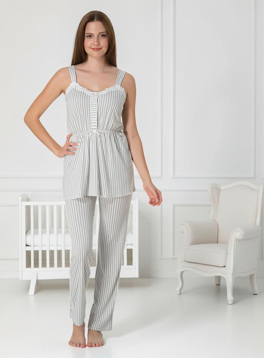 Grey maternity pyjamas by Mini Plum – strappy nursing nightwear with sweetheart neckline, breastfeeding-friendly, hospital bag ready