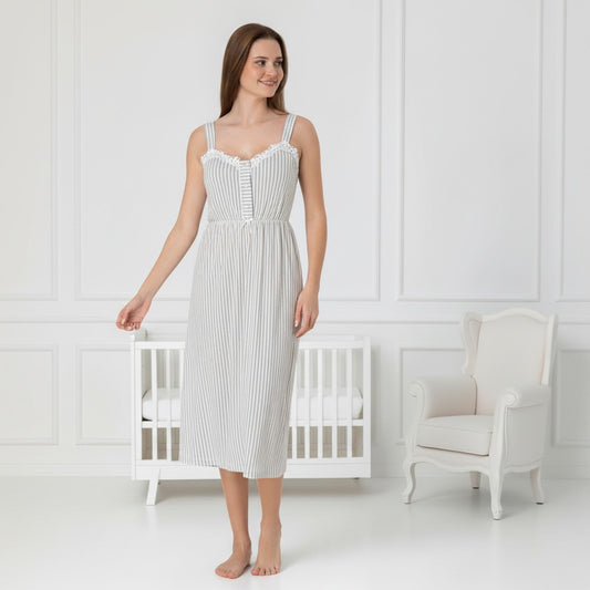 Grey maternity nightdress by Mini Plum – strappy nursing nightwear with sweetheart neckline, breastfeeding-friendly, hospital bag ready