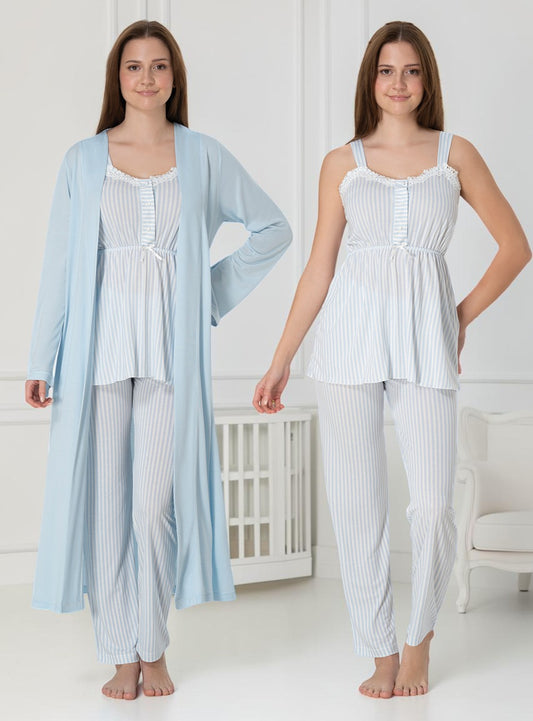 Blue pyjama & robe set by Mini Plum – nursing nightwear with sweetheart neckline, breastfeeding-friendly, hospital bag ready