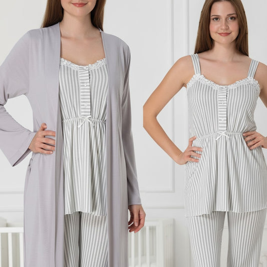Grey pyjama & robe set by Mini Plum – nursing nightwear with sweetheart neckline, breastfeeding-friendly, hospital bag ready