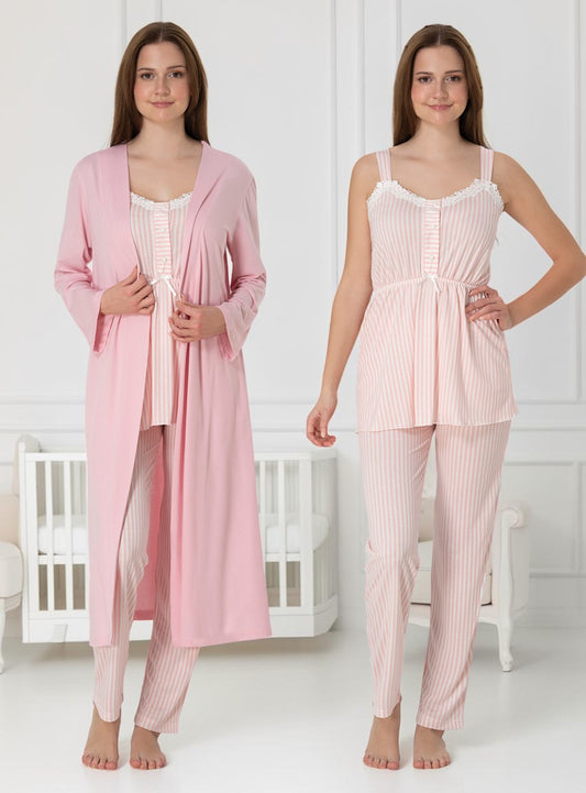 Pink pyjama & robe set by Mini Plum – nursing nightwear with sweetheart neckline, breastfeeding-friendly, hospital bag ready