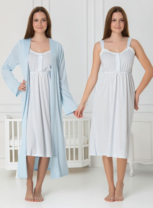 Blue nightie & robe set by Mini Plum – nursing nightwear with sweetheart neckline, breastfeeding-friendly, hospital bag ready