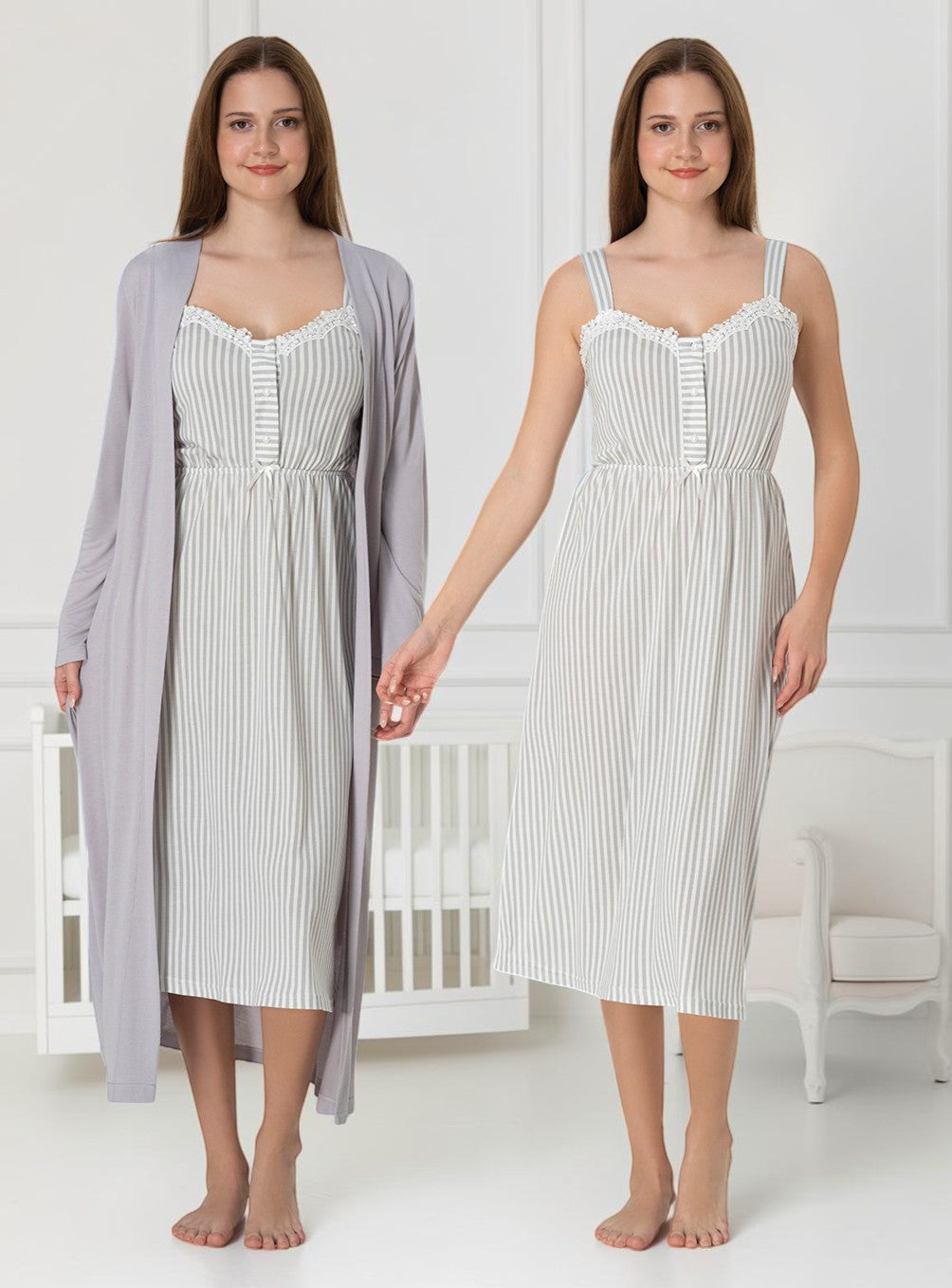 Grey nightie & robe set by Mini Plum – nursing nightwear with sweetheart neckline, breastfeeding-friendly, hospital bag ready