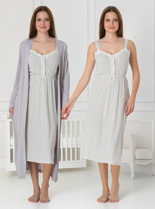 Grey nightie & robe set by Mini Plum – nursing nightwear with sweetheart neckline, breastfeeding-friendly, hospital bag ready