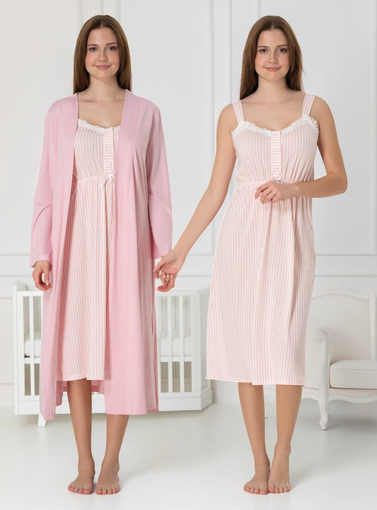 Pink nightie & robe set by Mini Plum – nursing nightwear with sweetheart neckline, breastfeeding-friendly, hospital bag ready