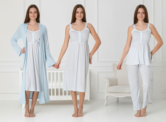 Blue pyjama & robe set by Mini Plum – nursing nightwear with sweetheart neckline, breastfeeding-friendly, hospital bag ready