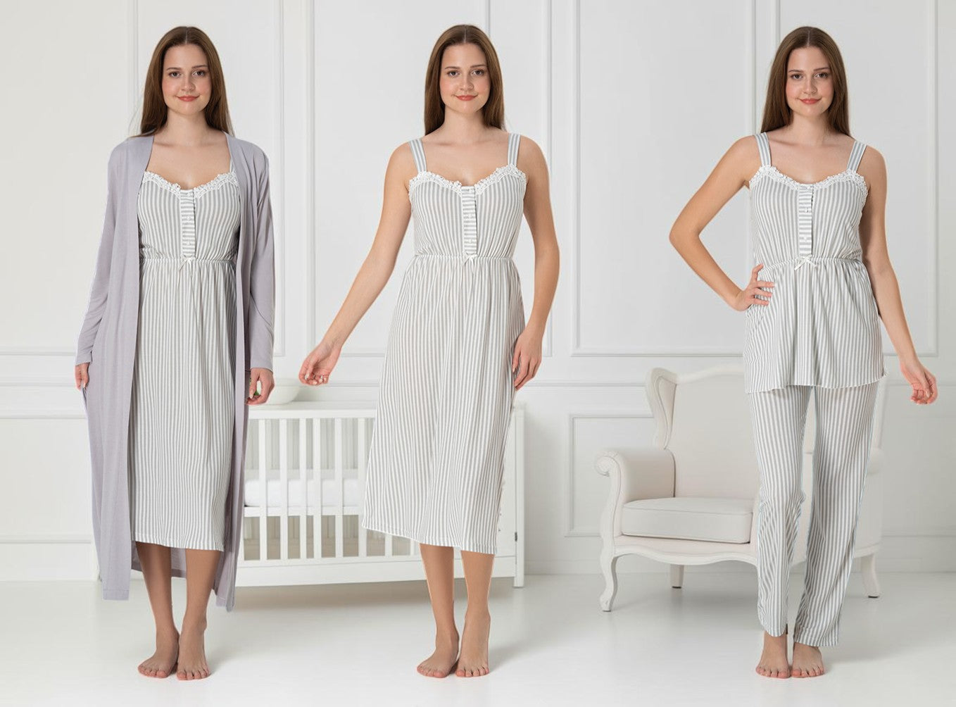 Grey pyjama & robe set by Mini Plum – nursing nightwear with sweetheart neckline, breastfeeding-friendly, hospital bag ready