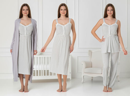 Grey pyjama & robe set by Mini Plum – nursing nightwear with sweetheart neckline, breastfeeding-friendly, hospital bag ready