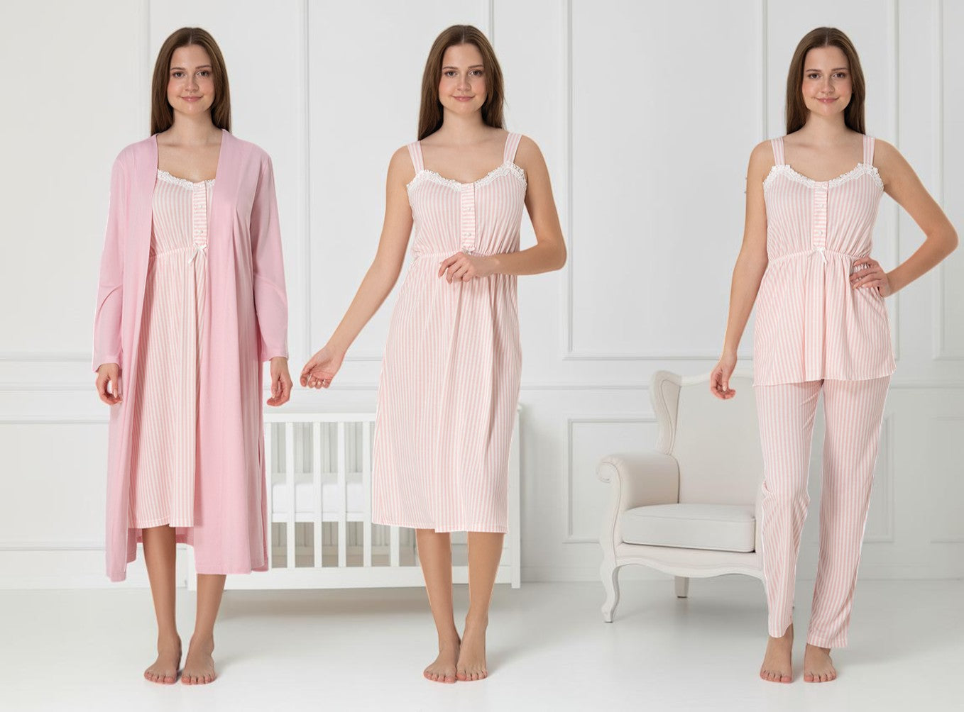 Pink pyjama & robe set by Mini Plum – nursing nightwear with sweetheart neckline, breastfeeding-friendly, hospital bag ready