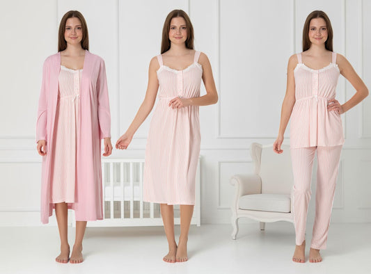 Pink pyjama & robe set by Mini Plum – nursing nightwear with sweetheart neckline, breastfeeding-friendly, hospital bag ready