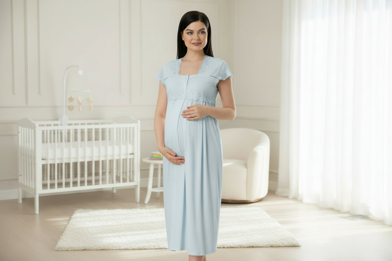Blue maternity nightdress by Mini Plum – short-sleeve nursing nightwear with square neck, breastfeeding-friendly, hospital bag ready