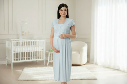 Blue maternity nightdress by Mini Plum – short-sleeve nursing nightwear with square neck, breastfeeding-friendly, hospital bag ready