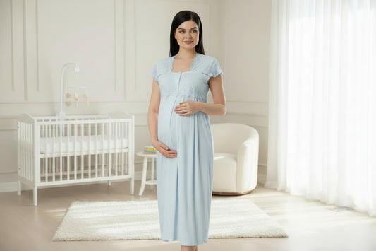Blue maternity nightdress by Mini Plum – short-sleeve nursing nightwear with square neck, breastfeeding-friendly, hospital bag ready