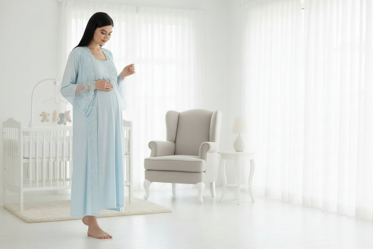 Blue maternity nightdress by Mini Plum – lace detail and square neck, maternity & nursing
