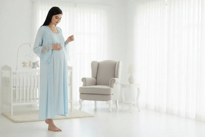Blue maternity nightdress by Mini Plum – lace detail and square neck, maternity & nursing