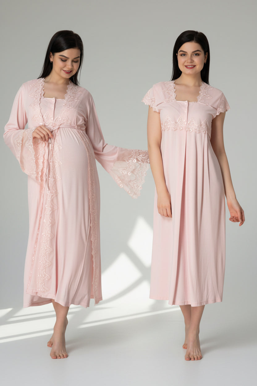 Pink maternity nightdress by Mini Plum – short-sleeve nursing nightwear with square neck, breastfeeding-friendly, hospital bag ready