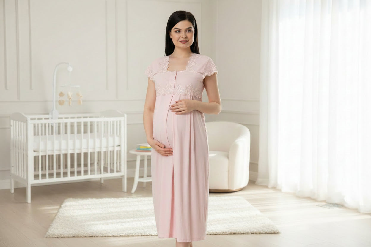 Pink maternity nightdress by Mini Plum – lace detail and square neck, maternity & nursing