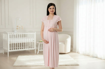 Pink maternity nightdress by Mini Plum – lace detail and square neck, maternity & nursing