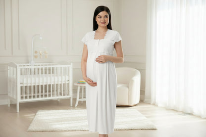 White maternity nightdress by Mini Plum – short-sleeve nursing nightwear with square neck, breastfeeding-friendly, hospital bag ready