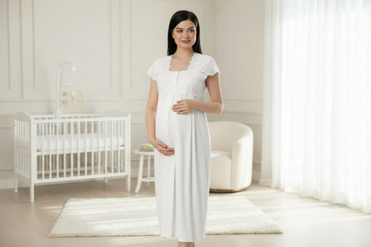 White maternity nightdress by Mini Plum – short-sleeve nursing nightwear with square neck, breastfeeding-friendly, hospital bag ready