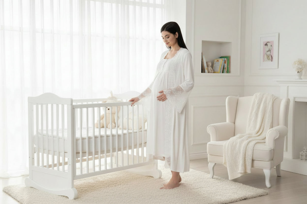 White maternity nightdress by Mini Plum – lace detail and square neck, maternity & nursing
